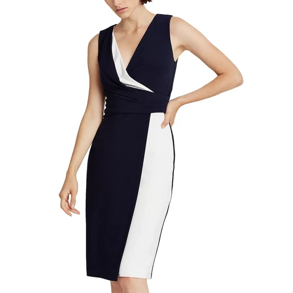 Lauren Ralph Lauren Two-Tone Surplice Jersey Dress Navy / White Size 14